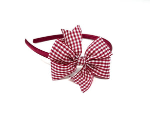 Burgundy Gingham Pinwheel Side Bow Headband