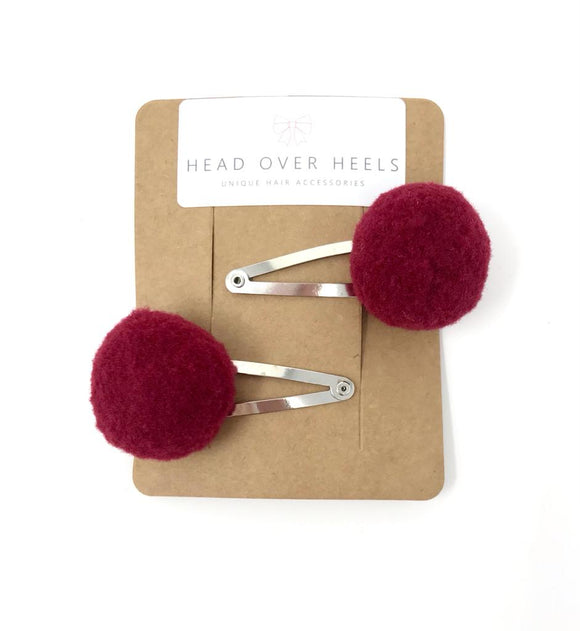 Burgundy Pom Pom Snap Clips - Set of 2