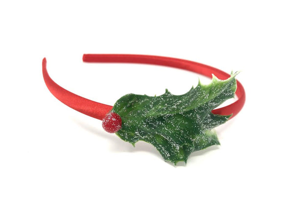 Red and Green Glitter Holly Sprig Headband