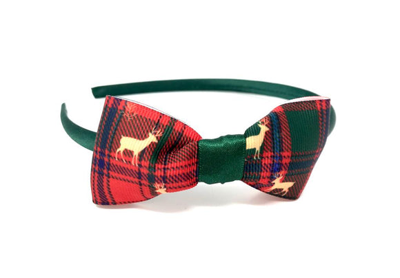 Green Tartan Reindeer Bow Headband