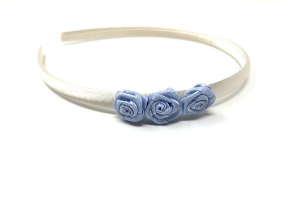 Ivory Headband with Blue Satin Flowers