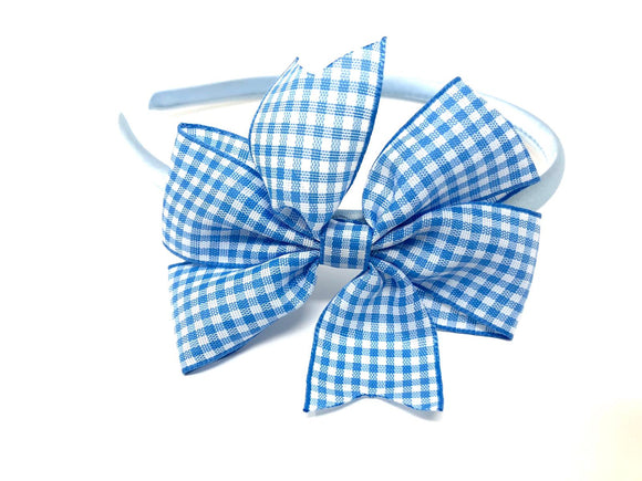 Light Blue Gingham Pinwheel Side Bow Headband