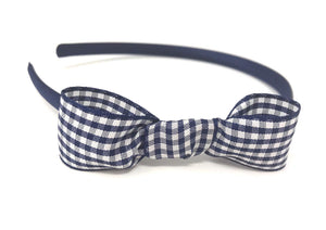 Navy Blue Gingham Side Knot Bow Headband