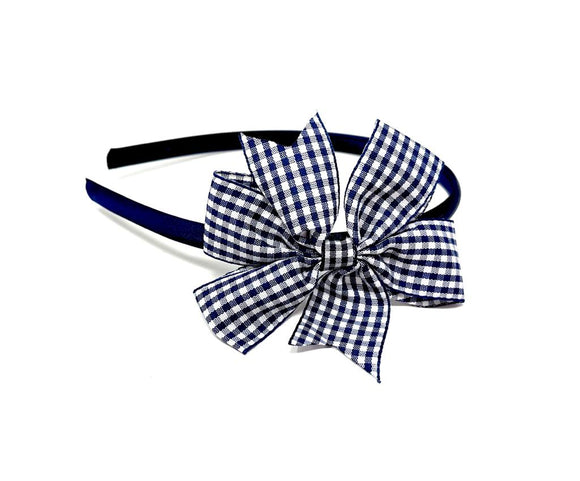 Navy Blue Gingham Pinwheel Side Bow Headband