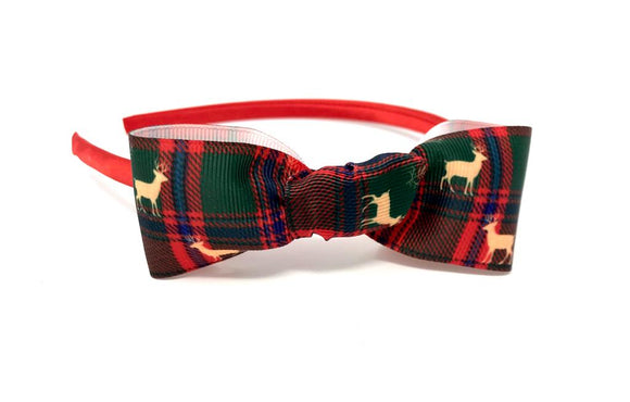 Red Tartan Reindeer Bow Headband