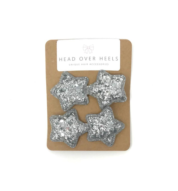 Silver Glitter Star Hair Clips - Set of 2